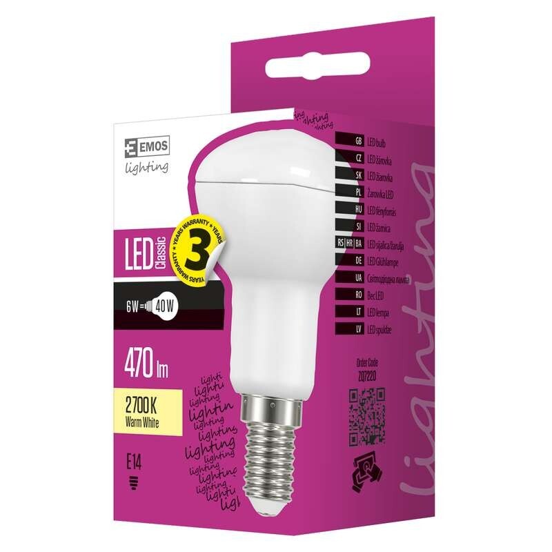 LED žárovka Emos ZQ7220, E14, 6W, reflektorová, čirá, teplá bílá