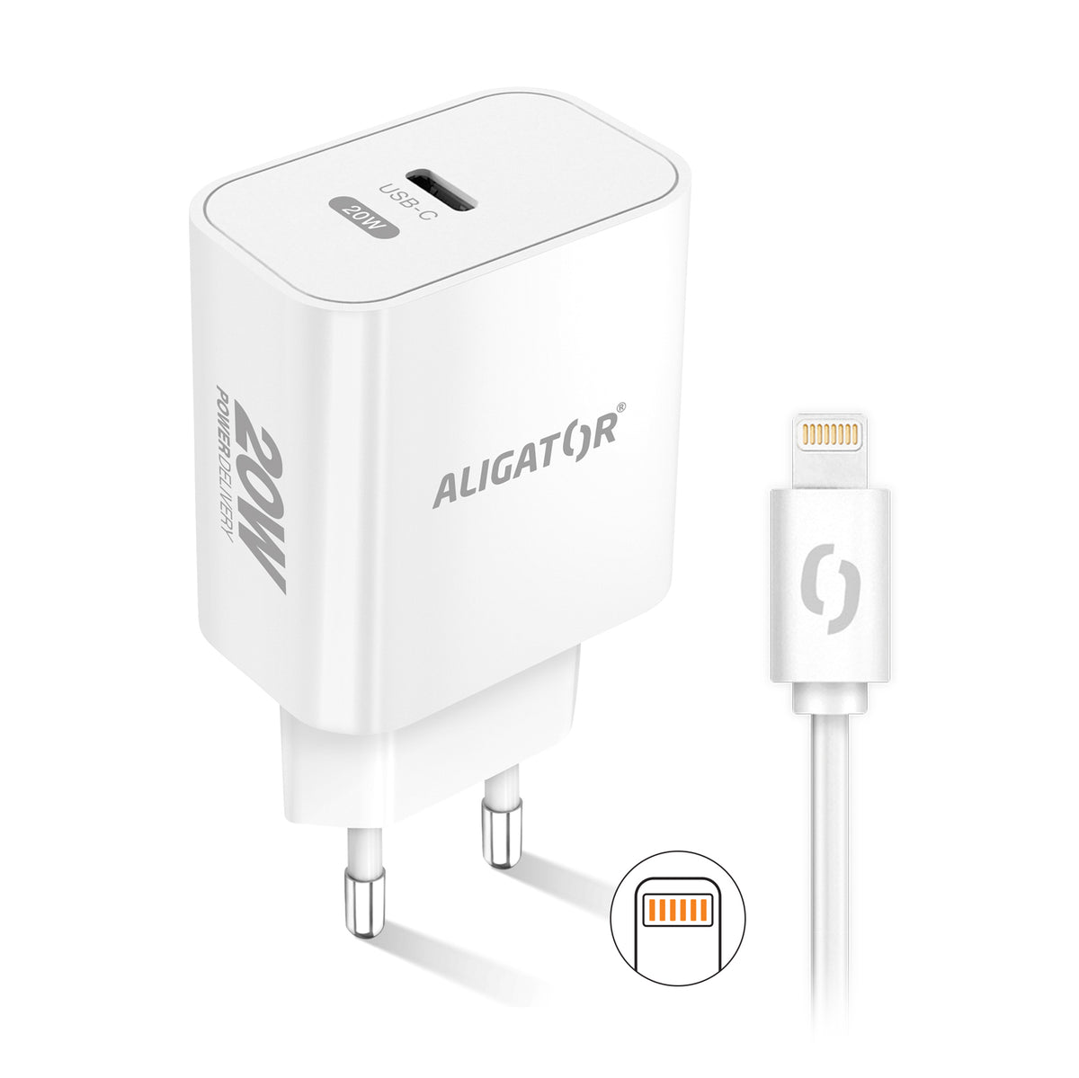 Nabíječka a USB-C/Lightning kabel Aligator, USB-C, 20W, bílá