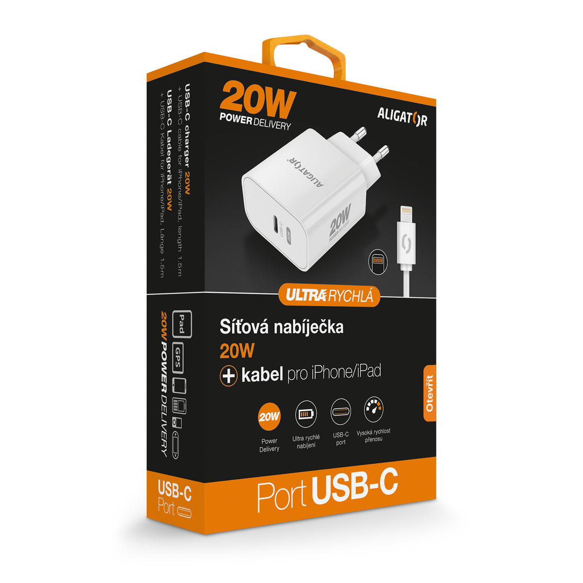 Nabíječka a USB-C/Lightning kabel Aligator, USB-C, 20W, bílá