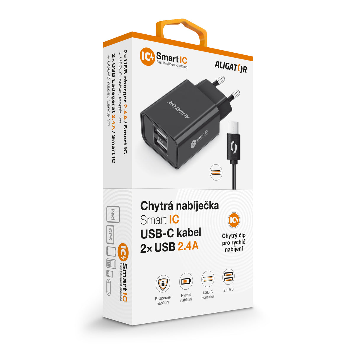 Nabíječka Aligator 2,4A, 2xUSB, smart IC, černá + kabel USB-C