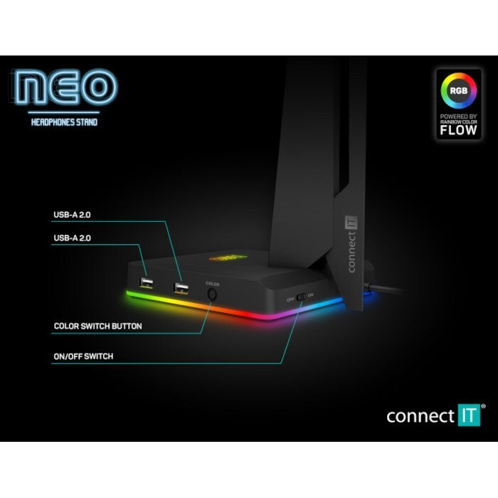 NEO Stand-It RGB stojánek na sluchátka + USB hub, ČERNÝ
