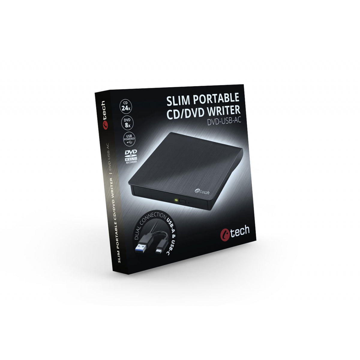 Externí DVD vypalovačka C-tech DVD-USB-AC, USB 2.0, USB A/Type C