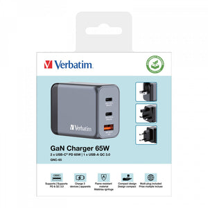 GaN nabíječka Verbatim 65W, 2xUSB-C PD/USB-A QC 3.0