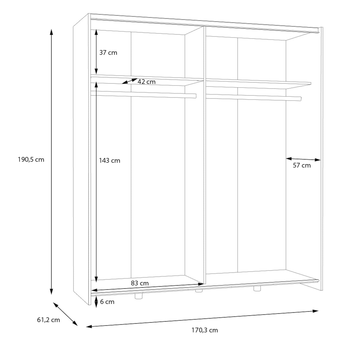 Šatní skříň Amy - 170,3x190,5x61,2 cm (bílá, dub)