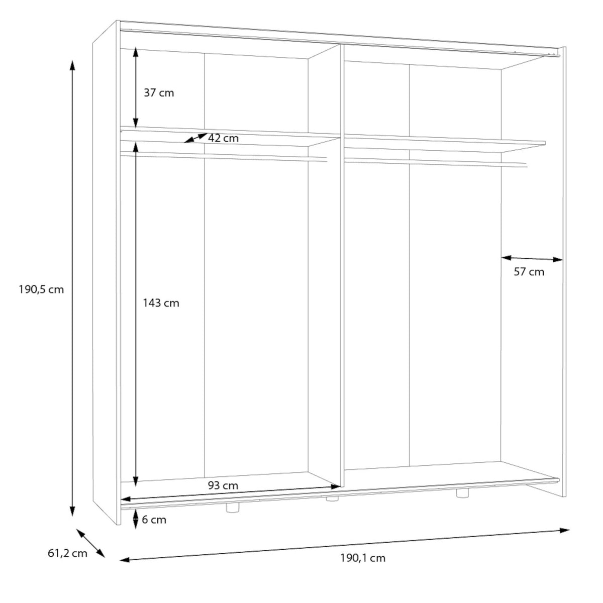Šatní skříň Amy - 190,1x190,5x61,2 cm (bílá, dub)