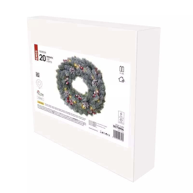 Vánoční zasněžený LED věnec Emos DCTW06, teplá bílá, 38 cm VYBALENO