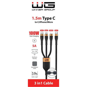3v1 Kabel WG Typ C/Lightning/Micro na Typ C, 1,5m, až 100W,černá