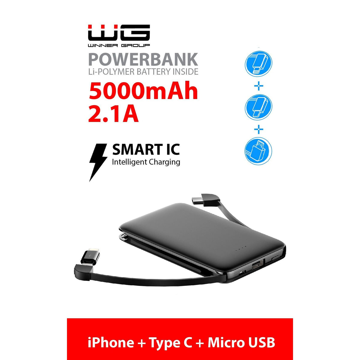 3v1 Powerbanka WG 5000mAh MicroUSB+USB Typ C+Lightning, černá