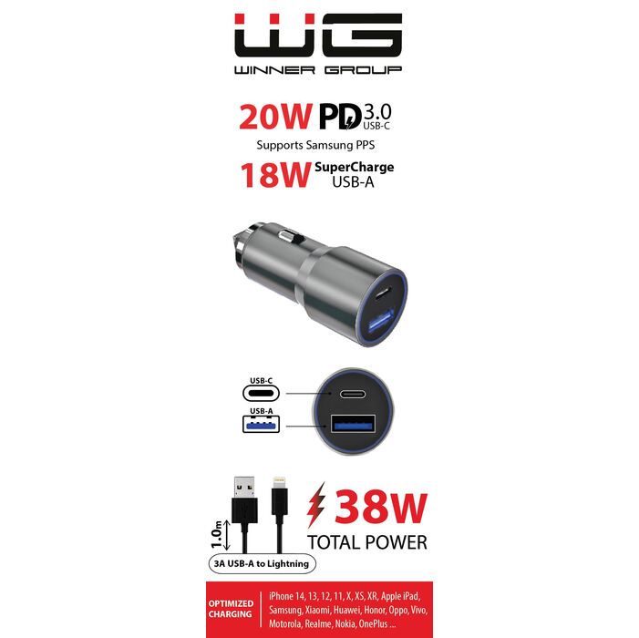 Autonabíječka WG 2xUSB 38W, USB + USB-C + kabel lightning,bílá