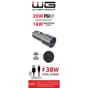 Autonabíječka WG 2xUSB 38W, USB + USB-C + kabel Typ C, šedá