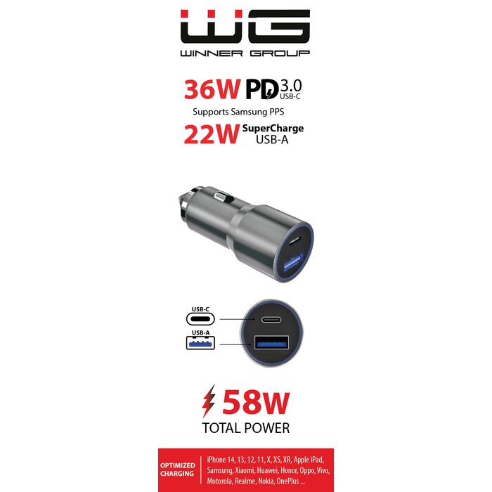 Autonabíječka WG 2xUSB 58,5W, USB-C PD 36W+USB 22,5W, šedá