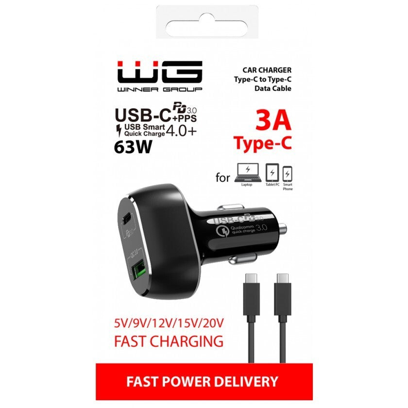 Autonabíječka WG USB-C + USB, 63W, s kabelem, černá