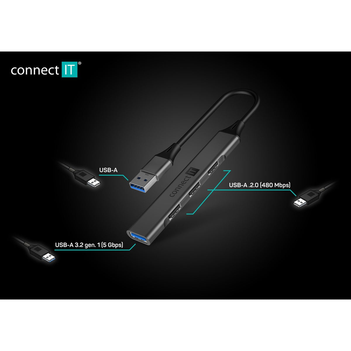 CONNECT IT USB-A hub,(1xUSB-A 3.0,3xUSB-A 2.0),ANTRACITOVÝ