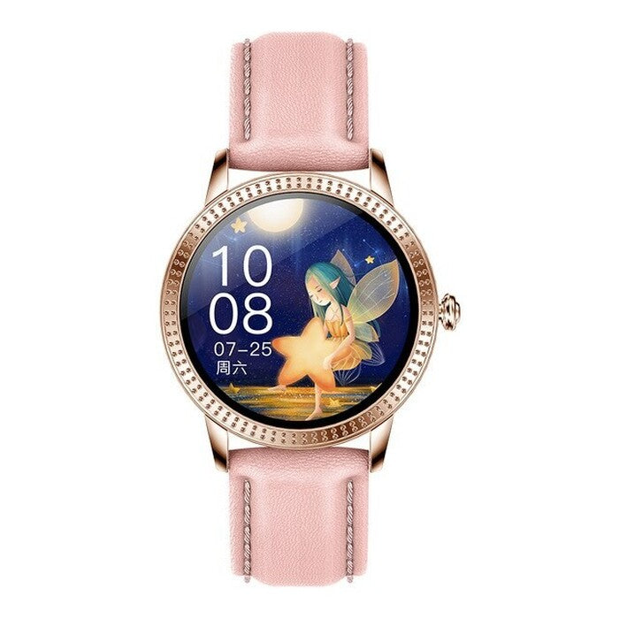 Chytré hodinky Deveroux CF18 Pro, kožený řemínek, růžová