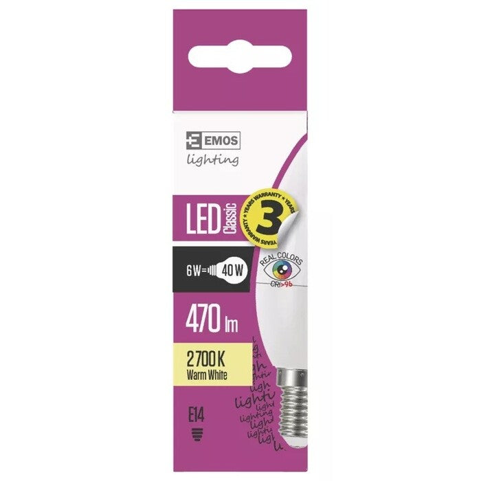 Emos ZQ3227 LED žárovka Classic Candle 6W E14 teplá bílá Ra96