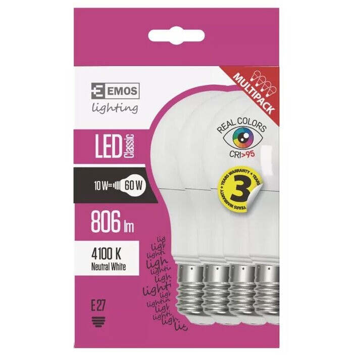 Emos ZQ51484 LED žárovka Classic A60 10W E27 neutrální bílá,4 ks