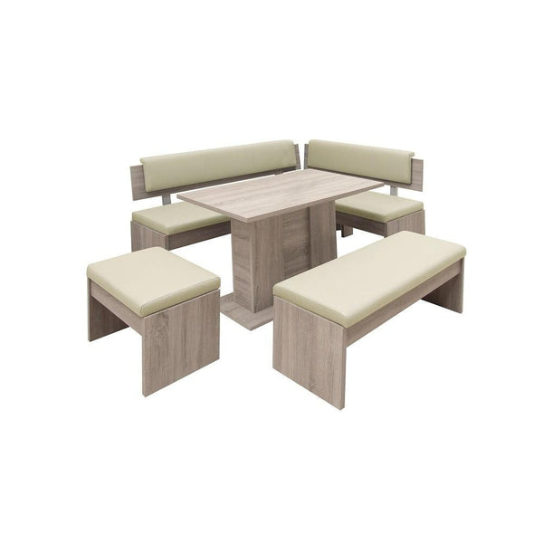 Levně Jídelní set Elinor - rohová lavice, stůl, 2x taburet(dub,béžová)