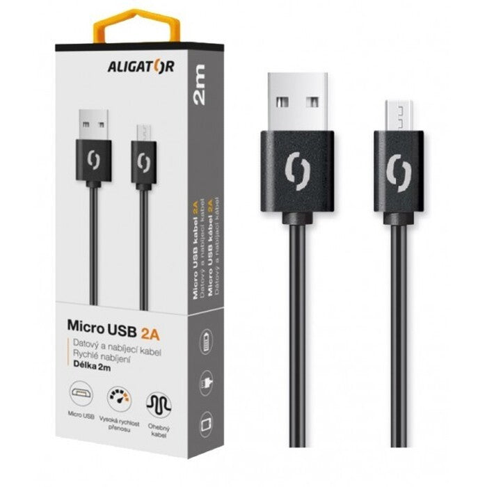Kabel Aligator Micro USB na USB 2A, 2m, černá