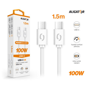 Kabel Aligator Power 100W, Typ C na Typ C, 5A, 1,5m, bílá