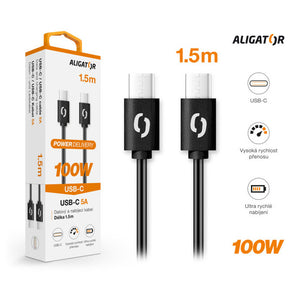 Kabel Aligator Power 100W, Typ C na Typ C, 5A, 1,5m, černá