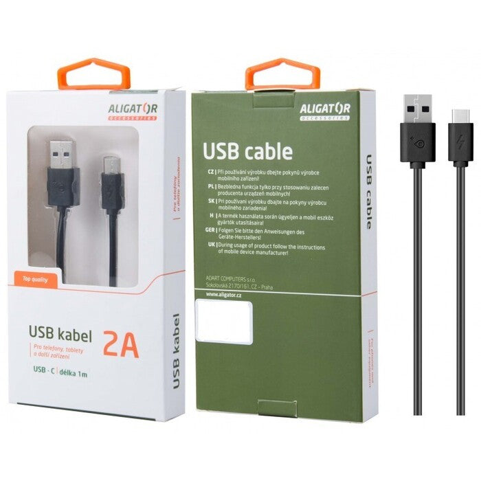 Kabel Aligator USB Typ C na USB, 1m, prodloužená koncovka, černá