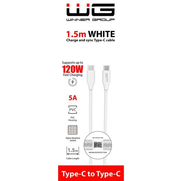 Kabel WG Typ C na Typ C, 1,5m, 120W, 5A, bílá