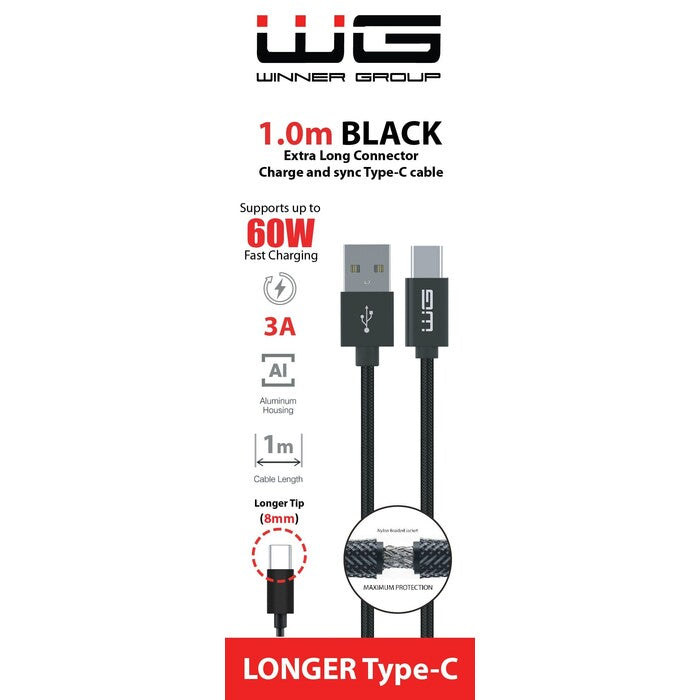 Kabel WG USB,Typ C na USB,prodloužený konektor,3A,1m,černá