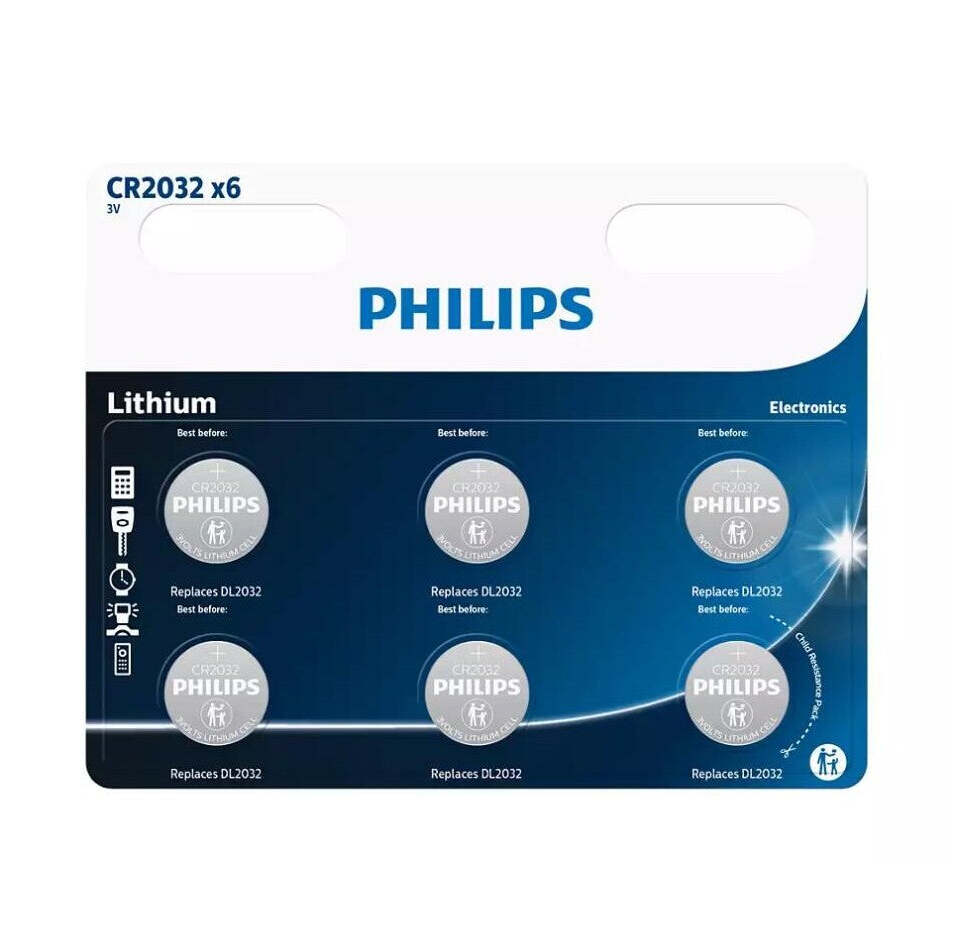 Knoflíková baterie Philips, CR2032, 6ks