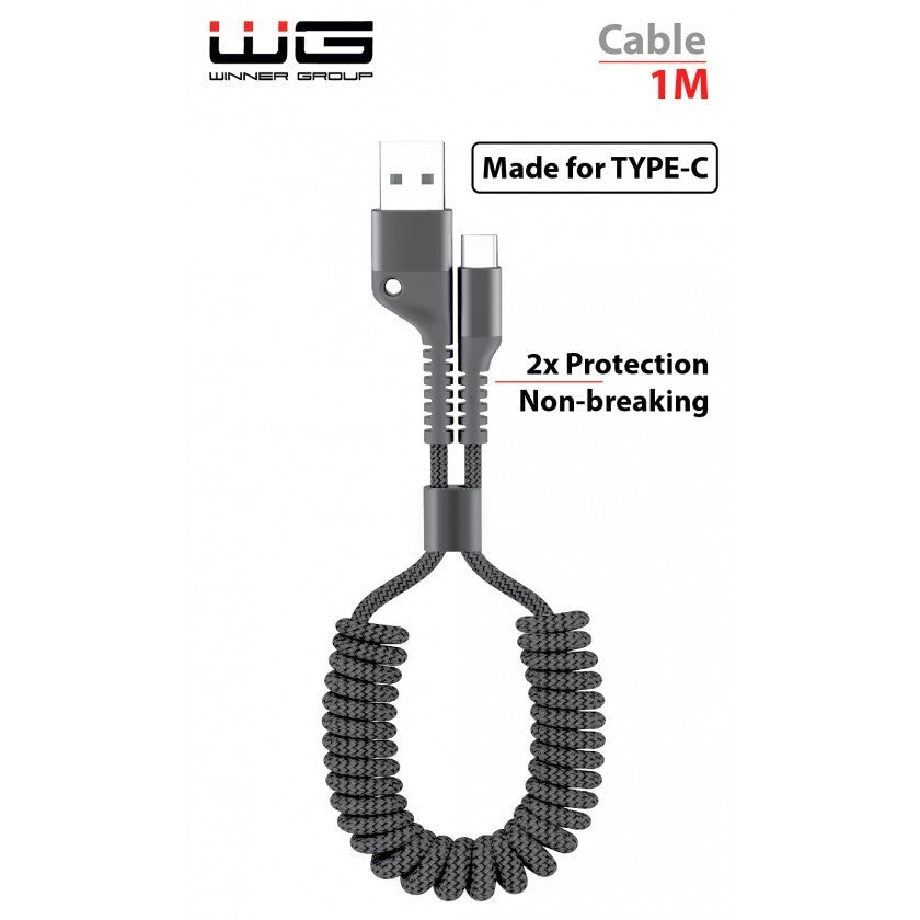 Kroucený kabel WG USB Typ C na USB, 1m, opletený, černá