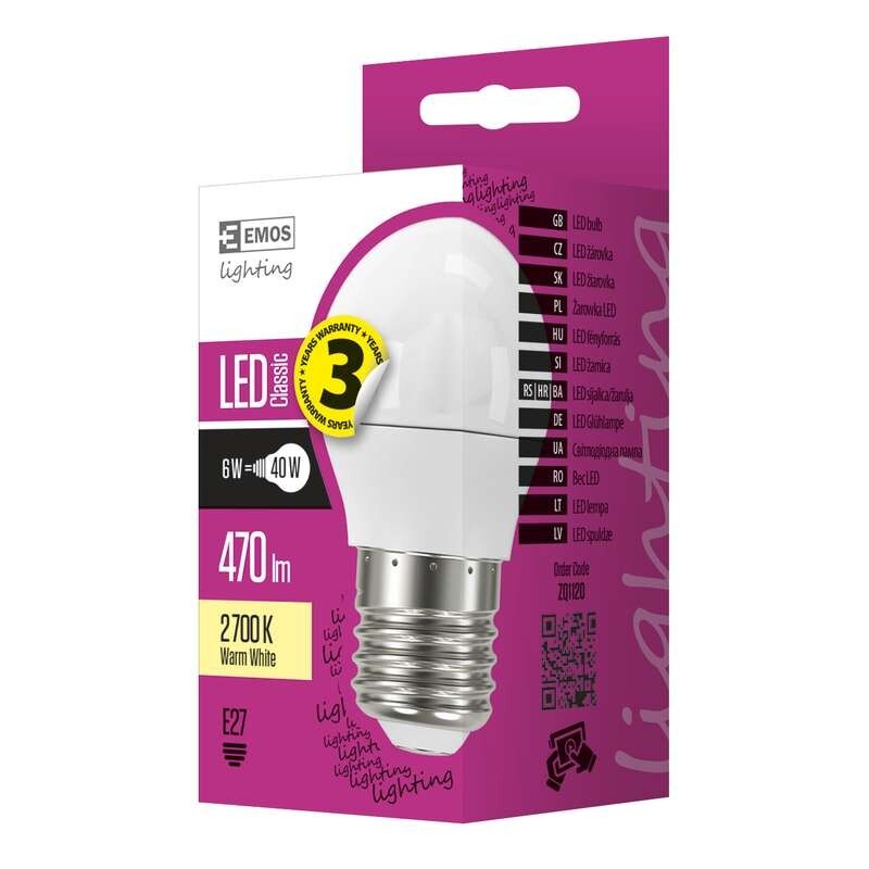 LED žárovka Emos ZQ1120, E27, 6W, kulatá, čirá, teplá bílá