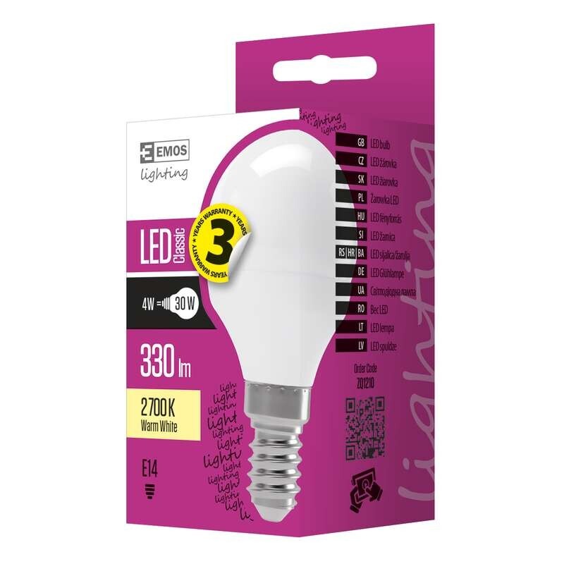LED žárovka Emos ZQ1210, E14, 4W, mini, čirá, teplá bílá
