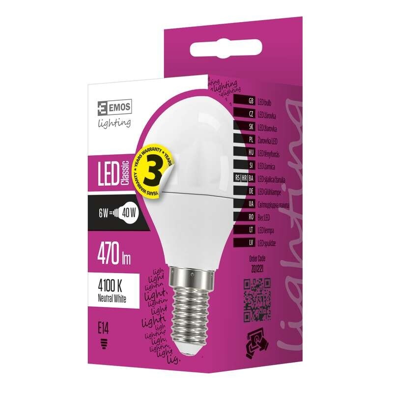 LED žárovka Emos ZQ1221, E14, 6W, kulatá, čirá, neutrální bílá