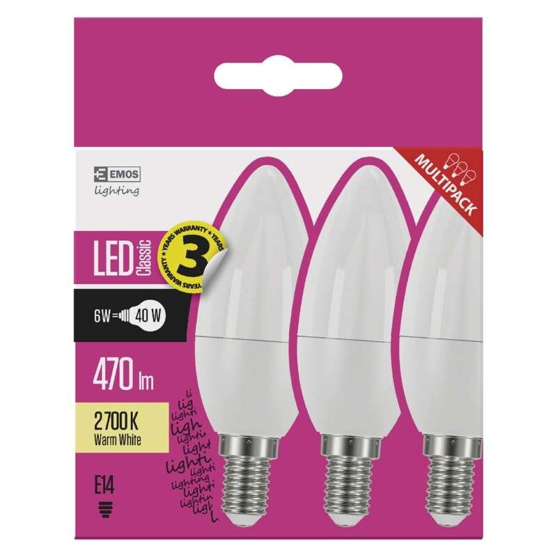 LED žárovka Emos ZQ32203, E14, 6W, svíčka, teplá bílá, 3ks