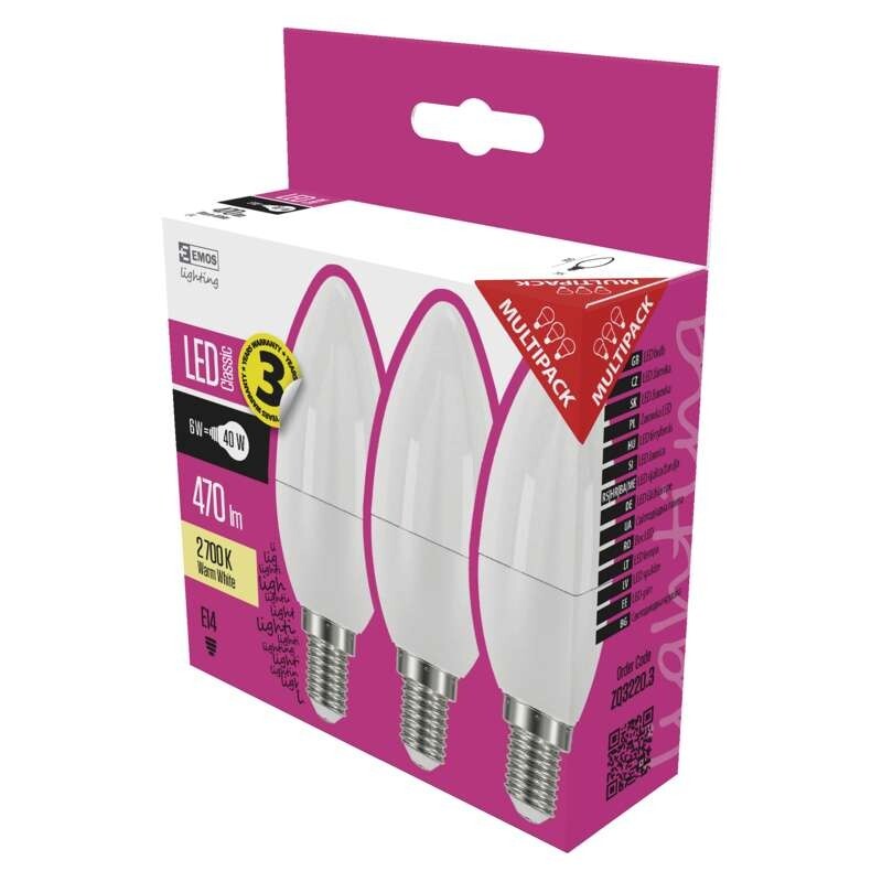 LED žárovka Emos ZQ32203, E14, 6W, svíčka, teplá bílá, 3ks