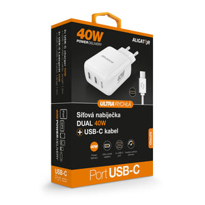 Nabíječka a USB-C/USB-C kabel Aligator, 2x USB-C, 40W, bílá