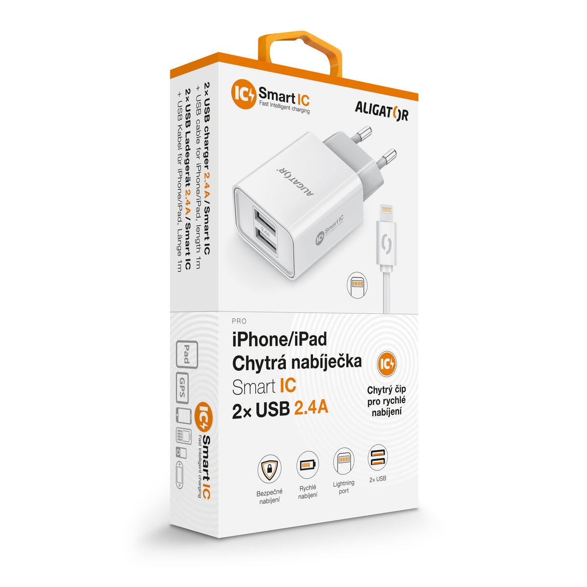 Nabíječka Aligator 2,4A,2xUSB, smart IC, bílá+ kabel Lightning