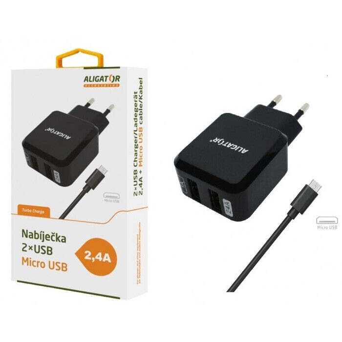 Nabíječka Aligator 2xUSB 2,4A + kabel Micro USB, černá