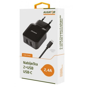 Nabíječka Aligator 2xUSB 2,4A + kabel USB Typ C, černá