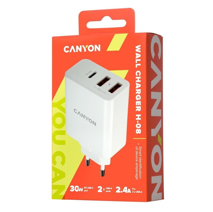 Nabíječka Canyon USB-C, 2xUSB-A, bílá