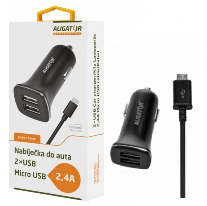 Nabíječka do auta Aligator 2xUSB 2,4A + kabel Micro USB, černá