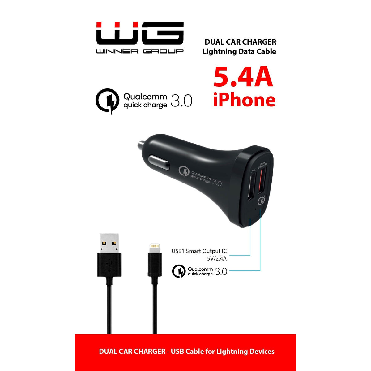 Nabíječka do auta WG 2xUSB + kabel Lightning, černá