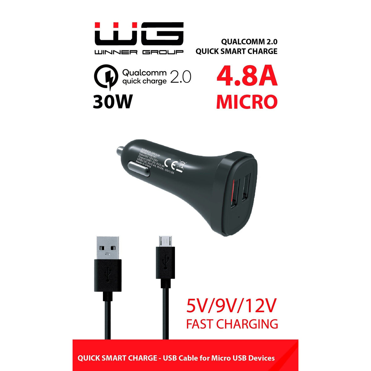 Nabíječka do auta WG 2xUSB + kabel Micro USB, 4,8A