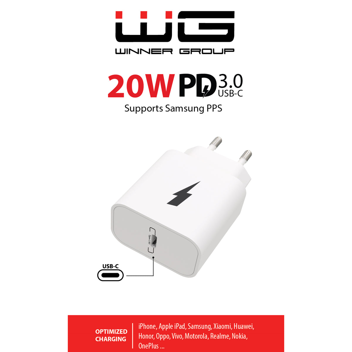 Nabíječka WG 1x USB Type-C s Power Delivery 20W, bílá