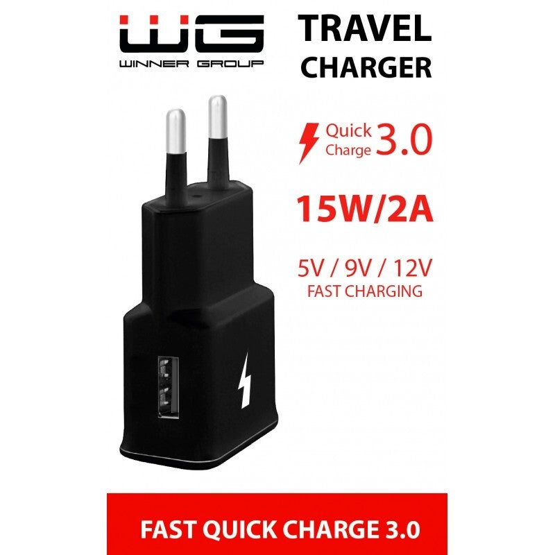 Nabíječka WG 1xUSB 2A, 15W Fast Charge 3.0, černá