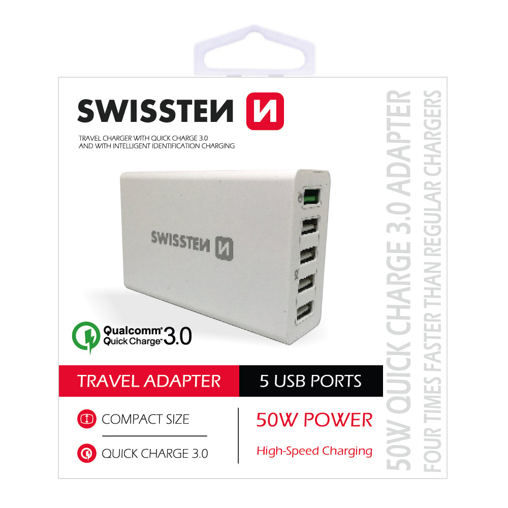 Nabíječka Swissten 5xUSB 50W, rychlonabíjení a smart nabíjení