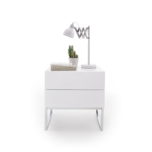 Noční stolek Heda (2 zásuvky, bílá lesk, chromovaný rám)