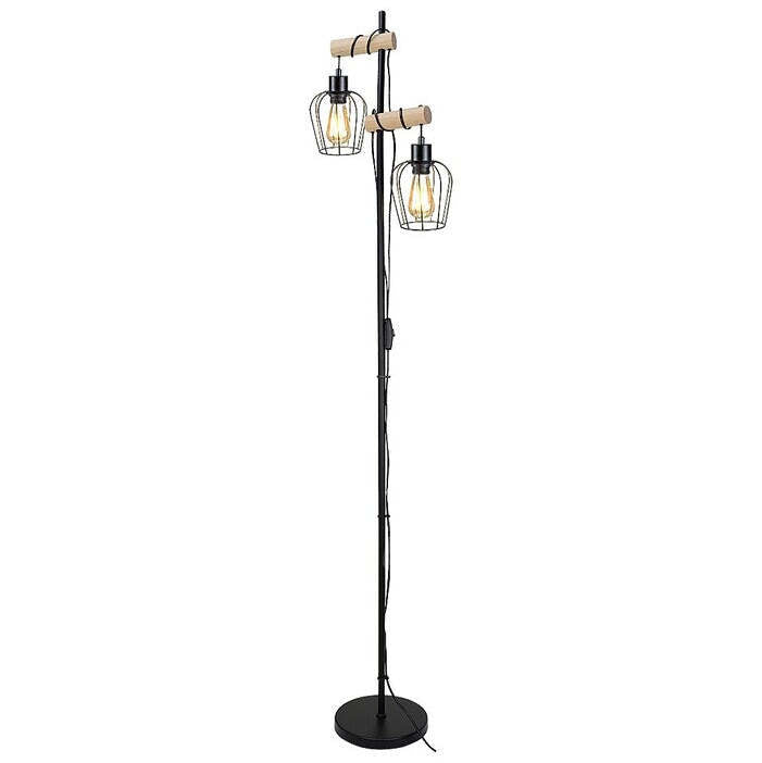 Podlahová designová  vintage lampa s prvky dřeva, E27 2X MAX 40W