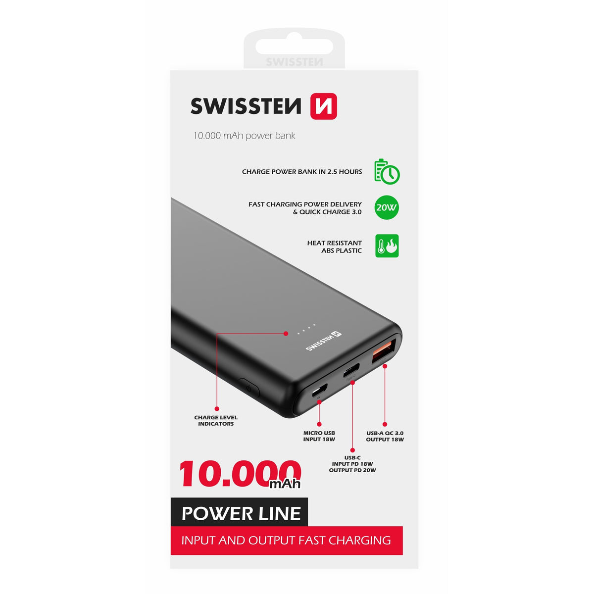 Powerbanka Swissten 10000mAh, PD+QC, 20W +kabel Typ C/C