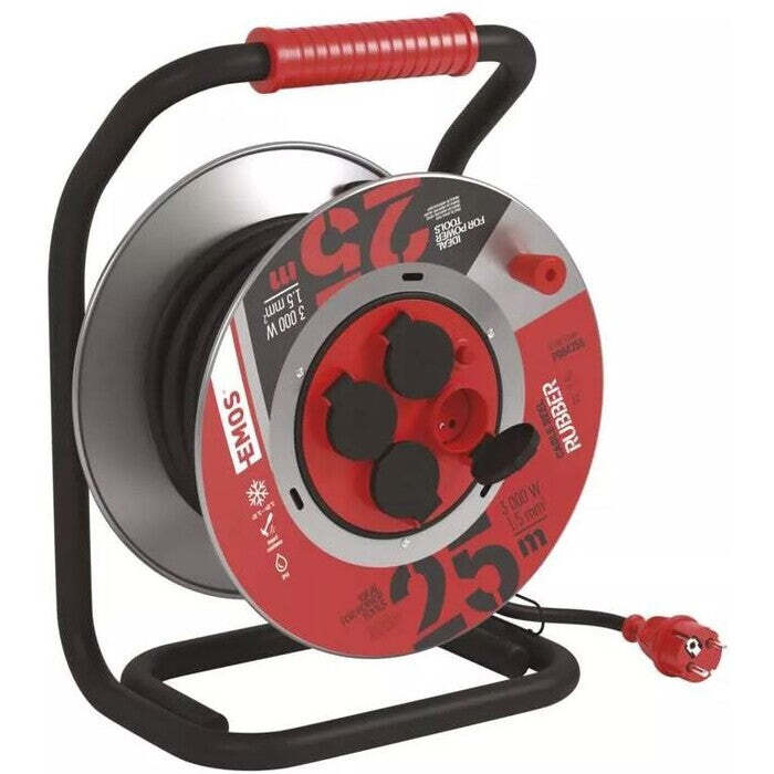 Prodlužovací kabel na kovovém bubnu Emos P084255, guma, 25m OBAL POŠKOZEN