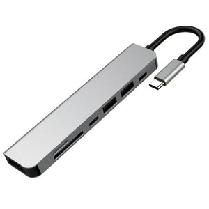 Propojovací USB-C hub, 2×USB 3.0,2×USB-C,SD,microSD,HDMI, hliník